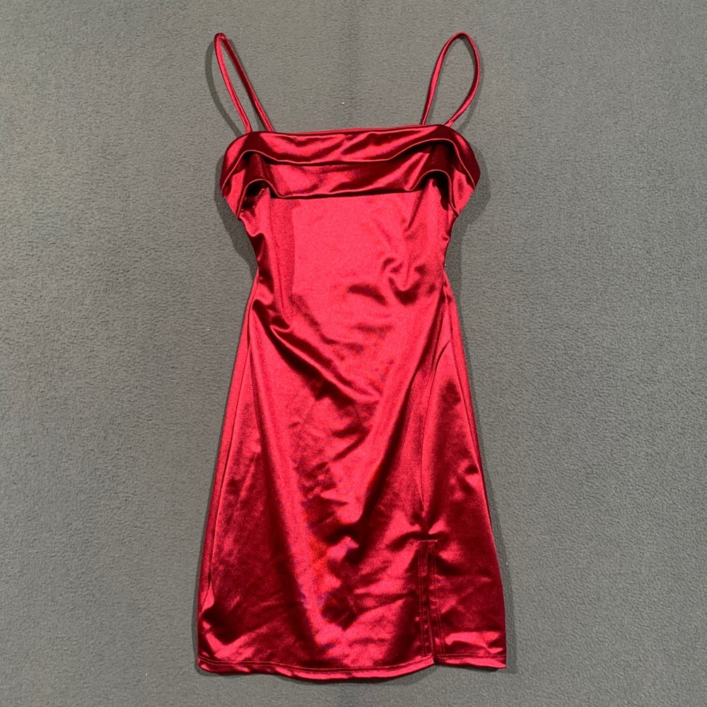 Windsor Satin Mini Dress Women Small Red Spaghetti Strap Ruffle Slit Bodycon